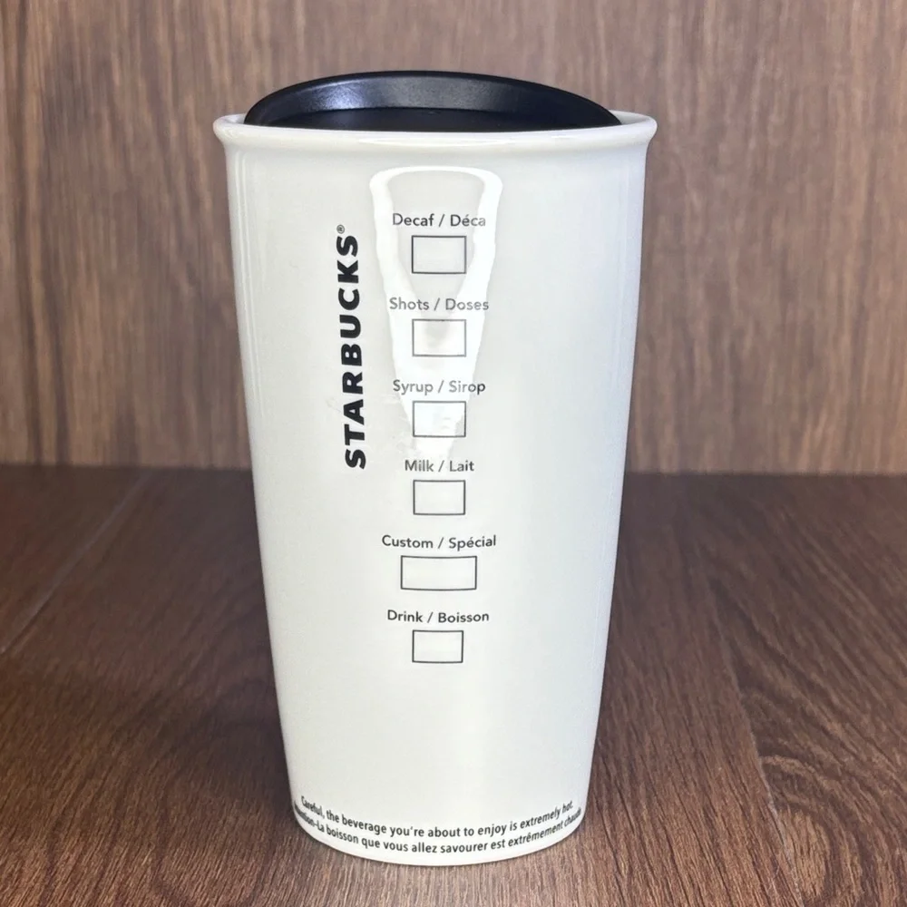 Starbucks Classic White Ceramic Travel Tumbler Mug Black Lid 12oz